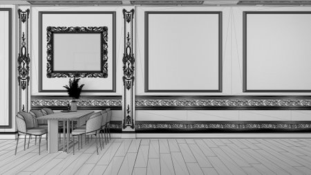 Unfinished project draft, modern furniture in classic apartment, dining room, table and chairs. Parquet and plaster molded walls. Background with copy space, mock up. Interior designの写真素材