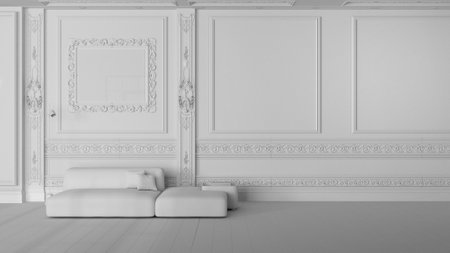 Total white project draft, modern furniture in classic apartment, living room, modern sofa, pouf. Parquet, plaster molded walls. Background with copy space, mock up. Interior designの写真素材