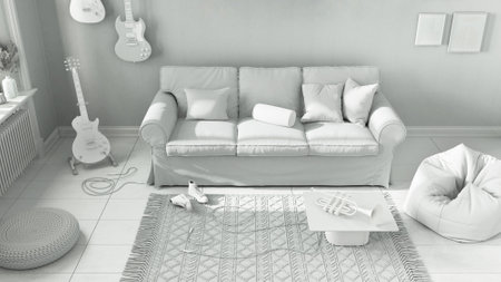 Total white project draft, cozy living room, striped wallpaper, sofa, musical instruments hanging on the wall, carpet and table. Top view, above. Modern interior designの写真素材