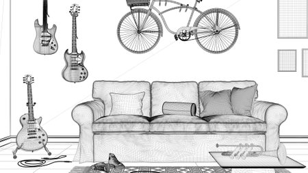 Blueprint project draft, contemporary living room, striped wallpaper, sofa, bicycle and musical instruments hanging on the wall, floor tiles, carpet and table. Modern interior designの写真素材