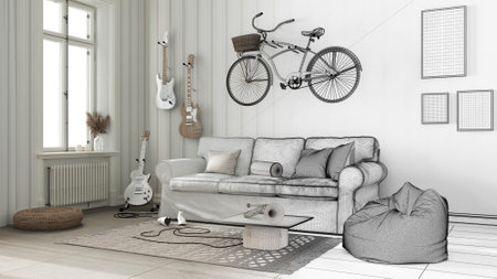 Architect interior designer concept: hand-drawn draft unfinished project that becomes real, living...