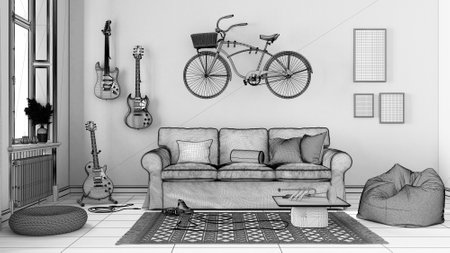 Unfinished project draft, scandinavian living room, striped wallpaper, sofa, bicycle and musical instruments hanging on the wall, table, carpet and decors. Modern interior designの写真素材