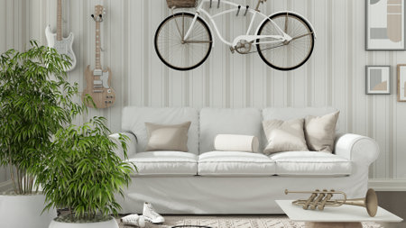 Zen interior with potted bamboo plant, natural interior design concept, living room with sofa,...