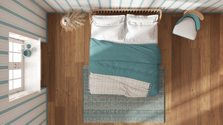 Scandinavian wooden bedroom in white and blue tones, double bed with pillows, duvet and blanket, striped wallpaper, window and parquet. Top view, plan, above. Modern interior designの写真素材