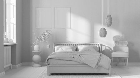 Total white project draft, scandinavian wooden bedroom, frame mockup, double bed with pillows, duvet and blanket, striped wallpaper, carpet, table and armchair. Modern interior designの写真素材