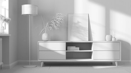 Total white project draft, wooden living room, frame mock up, modern commode, chest of drawers, wallpaper, window and parquet. Interior design background, scandinavian styleの写真素材