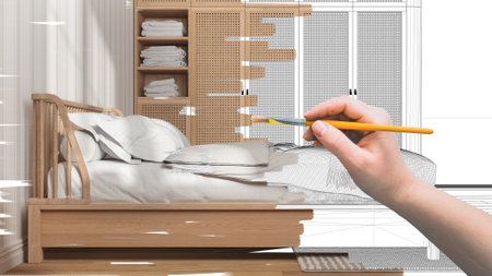 Blueprint project draft, sketch of scandinavian bedroom, hand painting interior details, design concept idea, parquet floor, striped wallpaper, window with radiator, custom furnitureの写真素材