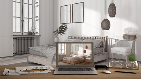 Architect designer desktop concept, laptop on wooden work desk with screen showing interior design...