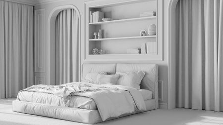 Total white project draft, classic bedroom. Double modern bed and carpet, arched walls with curtains. Molded walls and bookshelf, parquet. Neoclassic interior design conceptの写真素材
