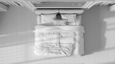 Total white project draft, neoclassic bedroom. Double bed and carpet, arched walls with curtains. Molded walls and bookshelf, parquet. Top view, plan, above. Classic interior designの写真素材