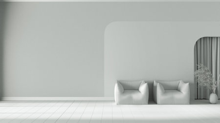 Total white project draft, interior design background. Living room with armchairs, plaster wall and wooden floor. Arched niche with curtains and decorsの写真素材