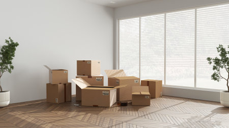 Cardboard carton boxes stack in modern empty room, wooden step ladder, interior design. Panoramic...