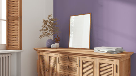 Modern living room with purple painted walls. Vintage rattan chest of drawer with vases and decors. Frame mock up. Window with shutters. Retro interior design close upの写真素材
