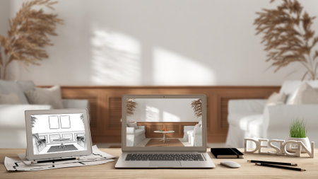 Architect designer desktop concept, laptop and tablet on wooden desk with screen showing interior...