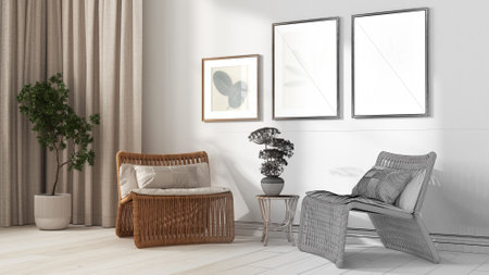 Architect interior designer concept: hand-drawn draft unfinished project that becomes real, living...