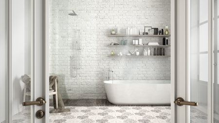 Classic white glass door opening on vintage bathroom with shower and bathtub, brick walls, shelves...