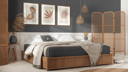 Wooden scandinavian bedroom in white and gray tones. Double bed with blankets. Wall panel and...