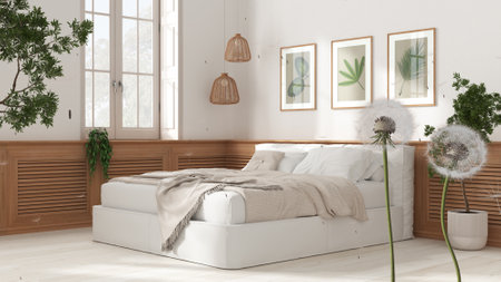 Fluffy airy dandelion with blowing seeds spores over modern bedroom with bed and wooden wall panels....