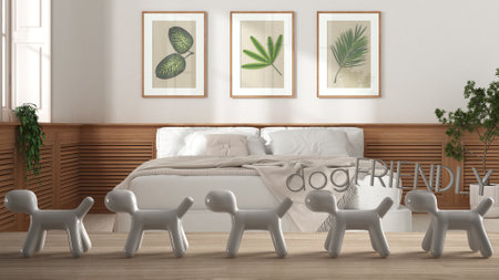 Wooden table top or shelf with line of stylized dogs, dog friendly concept, love for animals, animal...