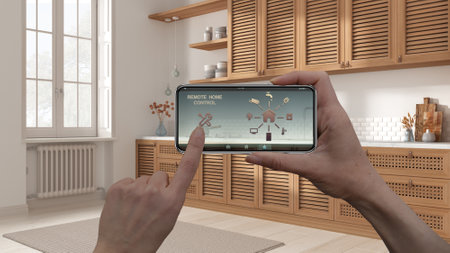 Remote home control system on a digital smart phone tablet. Device with app icons. Interior of...
