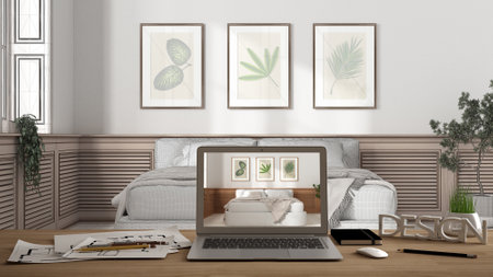 Architect designer desktop concept, laptop on wooden work desk with screen showing interior design...