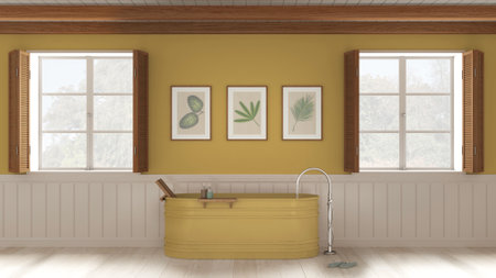 Romantic bathroom background with freestanding bathtub in white and yellow tones. Two panoramic...