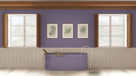 Romantic bathroom background with freestanding bathtub in white and purple tones. Two panoramic windows with wooden shutters and beam ceiling. Parquet, interior designの写真素材