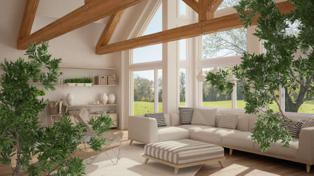 Green summer or spring leaves, tree branch over interior design scene. Natural ecology concept idea. Country living room with wooden beams ceiling. Farmhouse interior designの写真素材