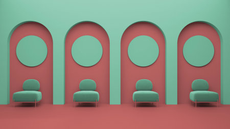 Pastel red and turquoise, metaphysical abstract interior design. Flat living room, waiting and sitting space with armchairs, arched niche. Symmetry concept, mirroring perspectiveの写真素材