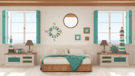Marine style, bedroom with wooden bed and chest of drawers in white and turquoise tones. Panoramic windows with sea landscape. Parquet and beam ceiling. Nautical interior designの写真素材