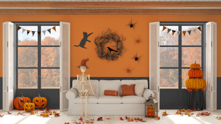 Halloween interior design, living room with skeleton sitting on the sofa in orange and gray tones. Panoramic windows on autumnal landscape. Party decorations, modern classic styleの写真素材
