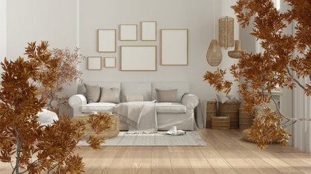 Orange yellow and red fall leaves, tree branch over interior design scene. Natural ecology concept...