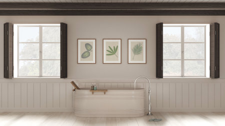 Romantic bathroom background with freestanding bathtub in white and dark tones. Two panoramic windows with wooden shutters and beam ceiling. Parquet, interior designの写真素材