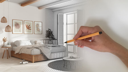 Architect interior designer concept: hand drawing a design interior project while the space becomes real, wooden romantic country bedroom with double bedの写真素材