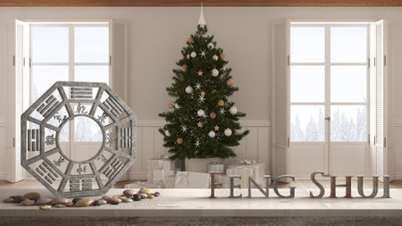 Wooden table shelf with ba gua, pebble stone and bamboo plants, Christmas living room with tree, winter landscaper, zen concept interior design, feng shui template idea backgroundの写真素材