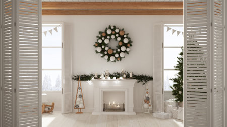 White folding door opening on Christmas living room with tree and fireplace, panoramic windows on winter landscape, modern interior design, architect designer conceptの写真素材