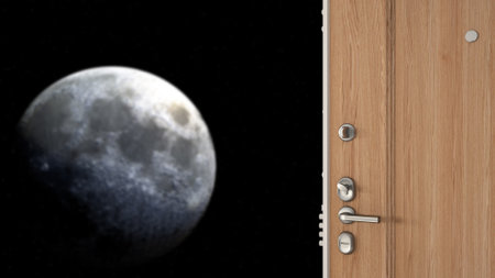 Wooden entrance door opening on amazing landscape, blue sky with large moon, freedom concept ideaの写真素材