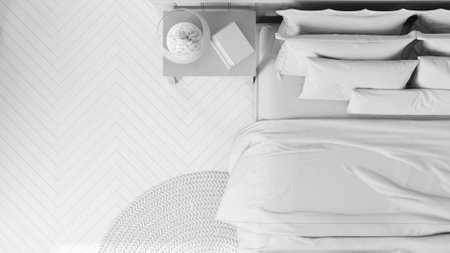 Total white project draft, farmhouse bedroom in boho style. Herringbone parquet and round jute carpet. Top view, plan, above. Bohemian vintage interior designの写真素材