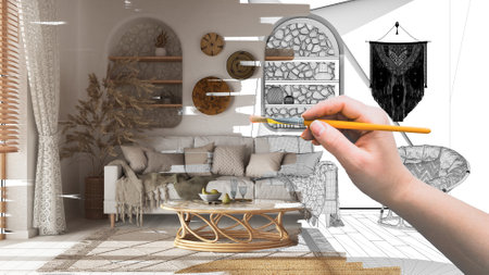 Blueprint project draft, sketch of bohemian wooden living room in boho style, design concept idea, sofa and decors, coastal custom furnitureの写真素材