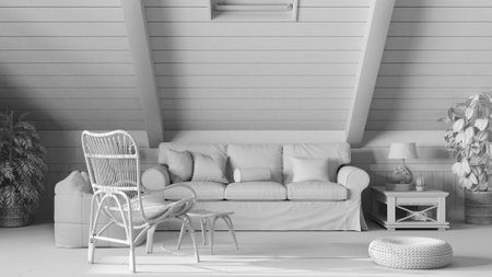 Total white project draft, country mezzanine living room in boho style. Sofa and rattan armchair, wooden side table. Potted plants and jute carpet. Bohemian interior designの写真素材