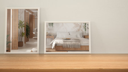 Minimalist mirrors on wooden table, desk or shelf reflecting interior design scene. Bohemian wooden bedroom in boho style. Bed and potted plants. Modern background with copy spaceの写真素材