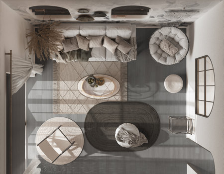 Bohemian dark wooden living room with wallpaper and parquet. Sofa, jute carpet and rattan armchair. Boho style interior design, top view, plan, aboveの写真素材