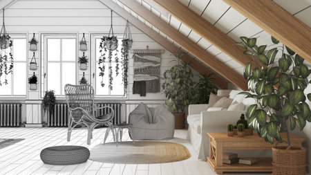 Architect interior designer concept: hand-drawn draft unfinished project that becomes real, farmhouse mezzanine living room in boho style. Sofa and rattan armchair, wooden side tableの写真素材
