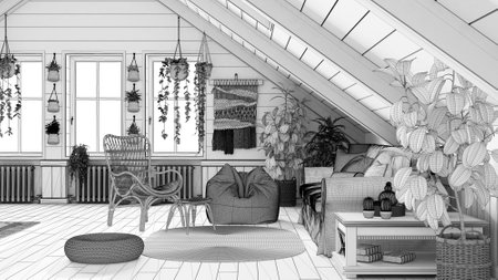 Blueprint unfinished project draft, farmhouse mezzanine living room in boho style. Sofa and rattan armchair, oak wooden side table. Potted plants and decors. Bohemian interior designの写真素材