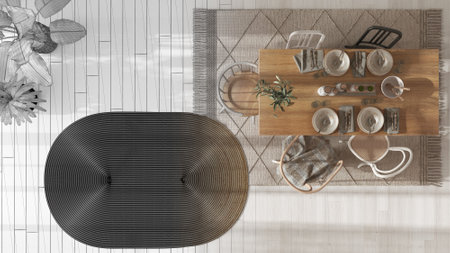 Architect interior designer concept: hand-drawn draft unfinished project that becomes real, wooden...
