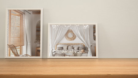 Minimalist mirrors on wooden table, desk or shelf reflecting interior design scene. Bohemian wooden...