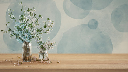 Wooden table, desk or shelf close up. Branches of cherry blossoms in glass vase. Plaster painted...