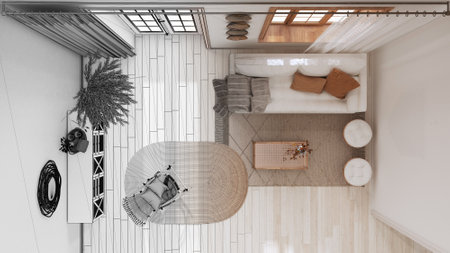 Architect interior designer concept: hand-drawn draft unfinished project that becomes real, farmhouse living room, Sofa, chest of drawers and carpet. Boho chic, top view, plan, aboveの写真素材
