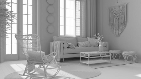 Total white project draft, vintage living room in boho chic style. Sofa and rattan rocking chair on jute carpet. Bohemian interior designの写真素材