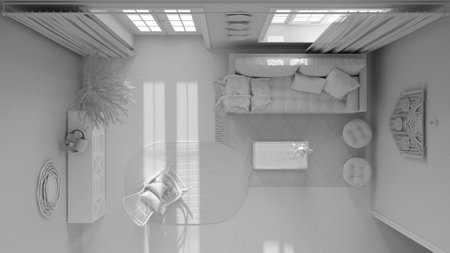 Total white project draft, farmhouse wooden living room, Sofa, rattan chest of drawers, jute carpet and decors. Boho chic interior design, top view, plan, aboveの写真素材